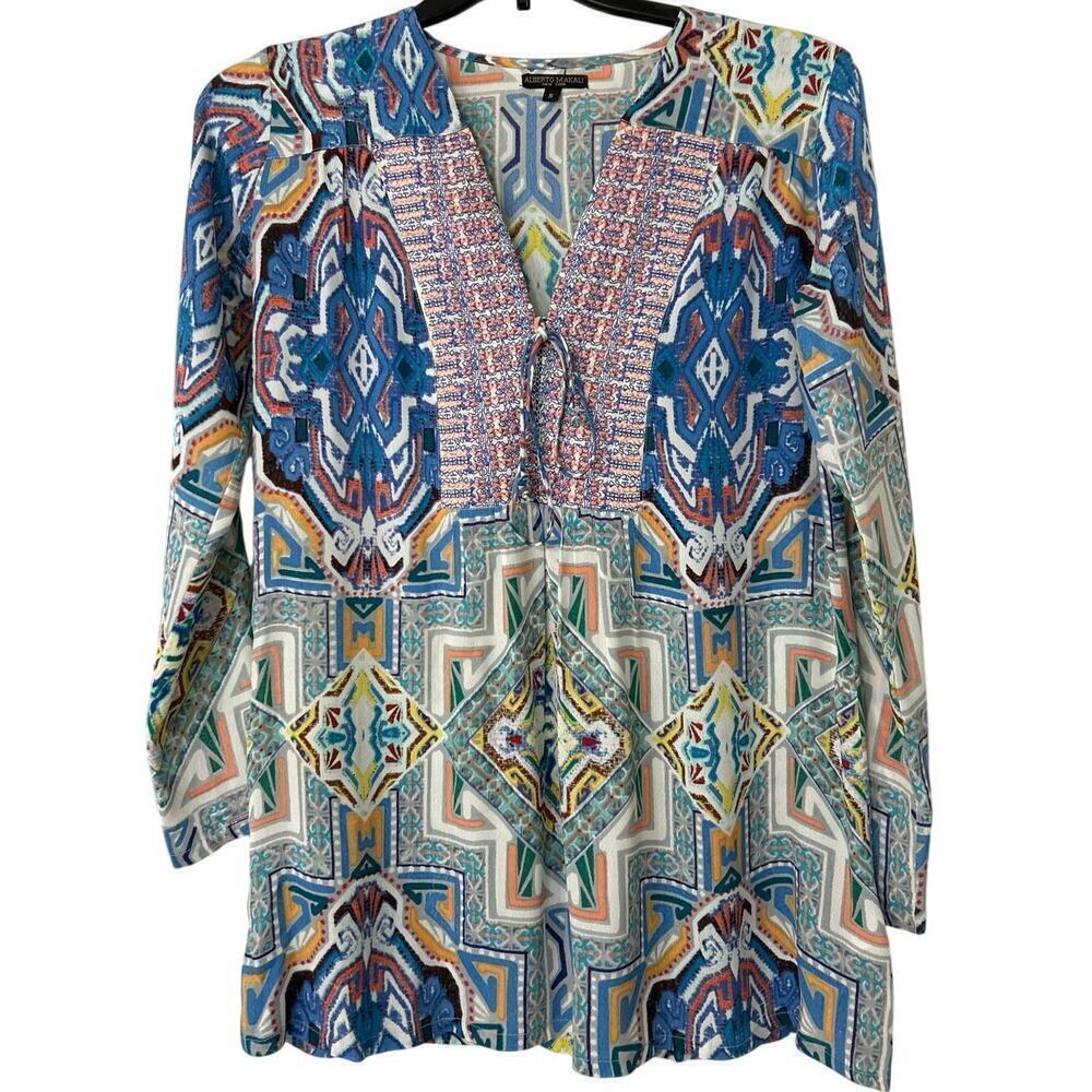 ALBERTO MAKALI Mixed Print Embroidered Tunic Blouse Top Size Small Artsy